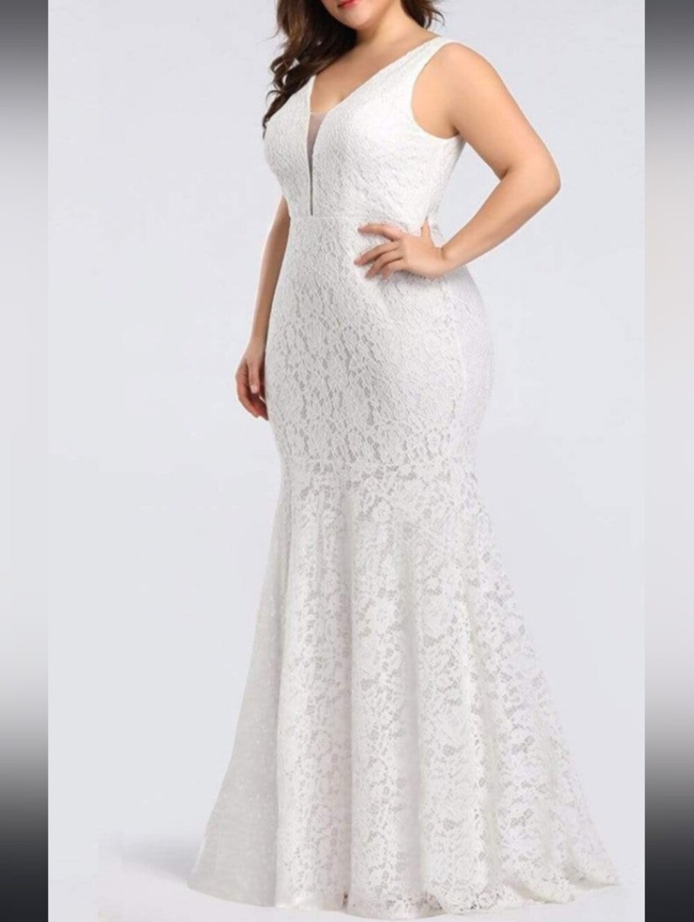 Ever Pretty White Lace Mermaid Maxi Dress with V-Neck